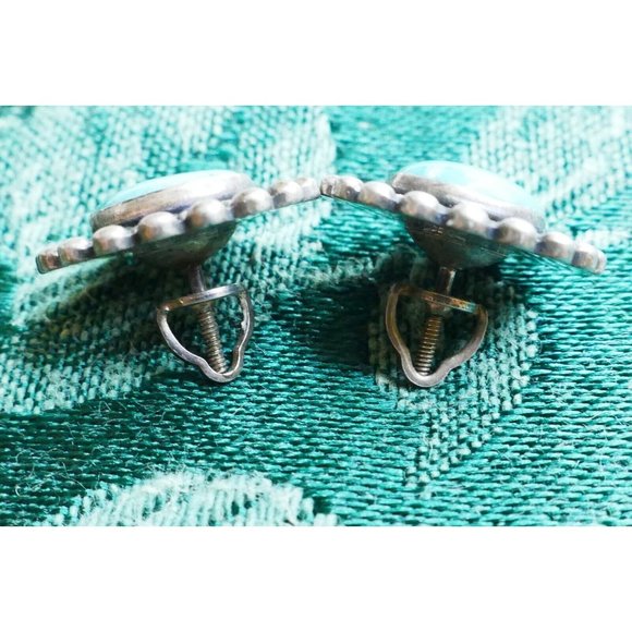 Antique Sterling Silver & Turquoise Pierced Earrings with Threaded Screw Backs - Picture 8 of 9